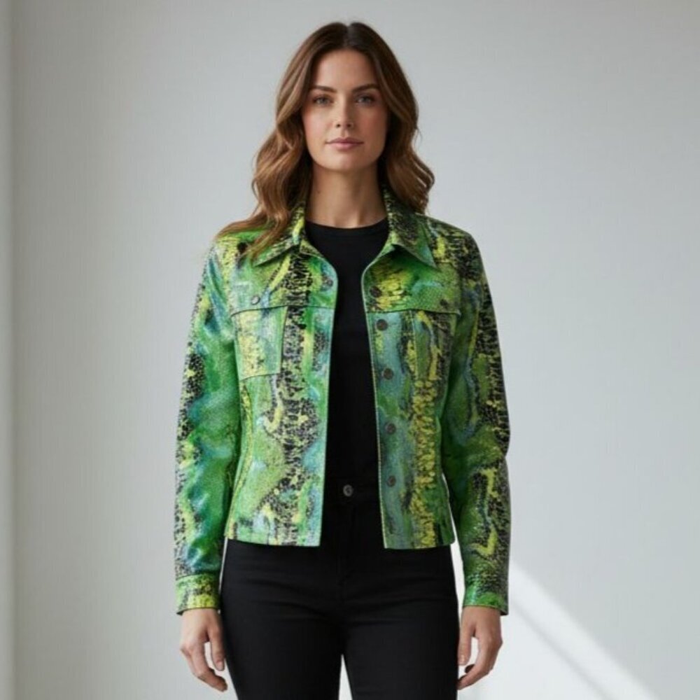 Renfrew Green Snakeskin Print Blazer Jacket Cropped Button Front Womens Large